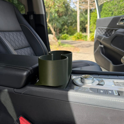 GWM Cannon Deluxe Cup Holder Fix, Carbon Olive Green, side view in console | SimuVerse.AU